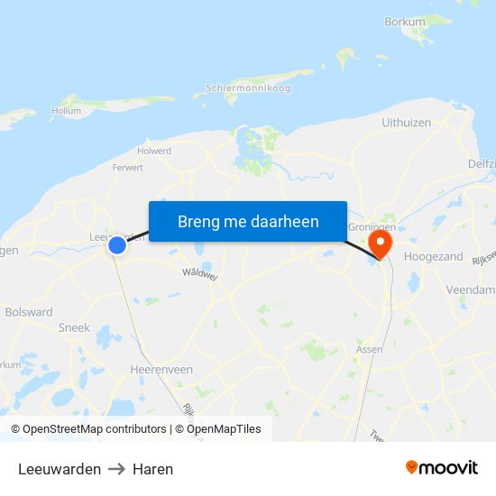 Leeuwarden to Haren map