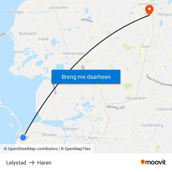 Lelystad to Haren map