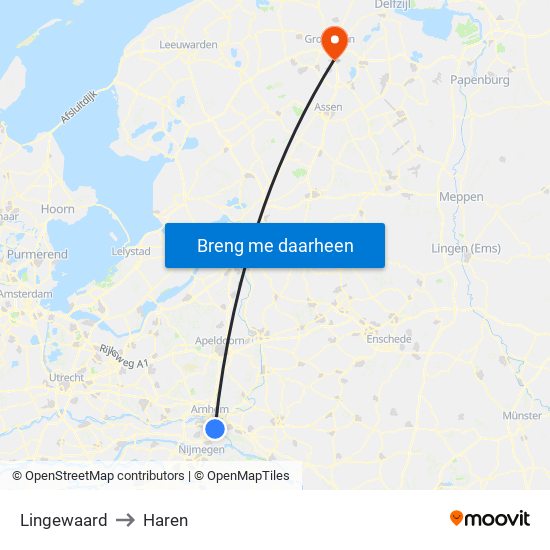 Lingewaard to Haren map