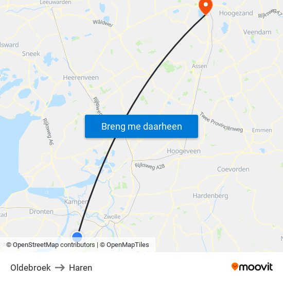 Oldebroek to Haren map