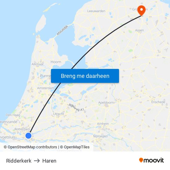 Ridderkerk to Haren map