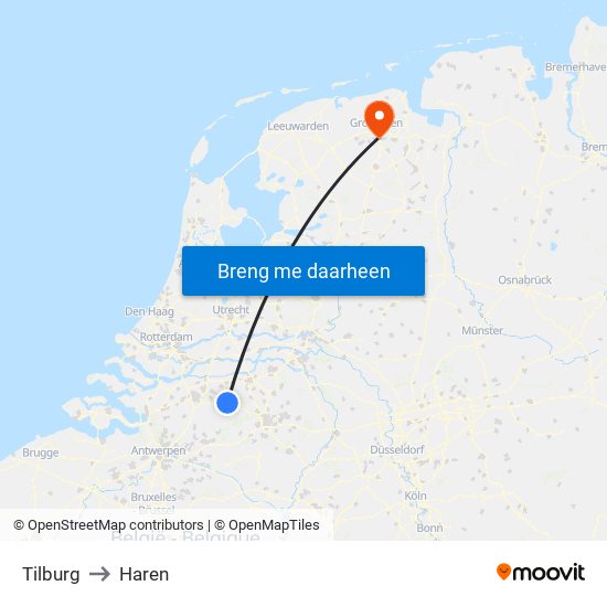 Tilburg to Haren map