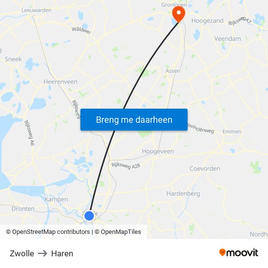 Zwolle to Haren map