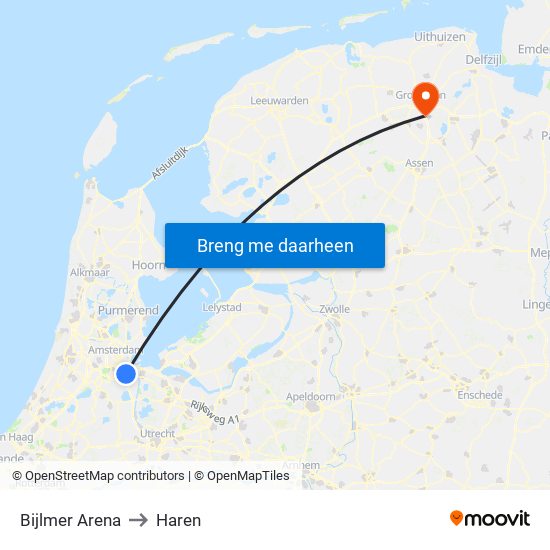 Bijlmer Arena to Haren map