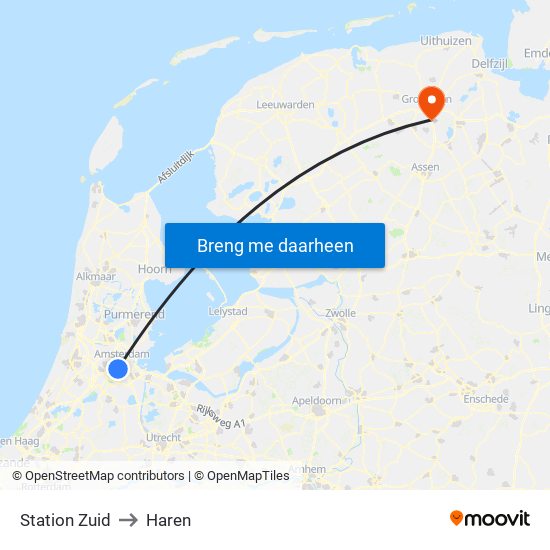 Station Zuid to Haren map