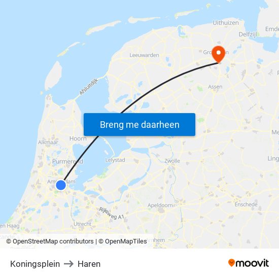 Koningsplein to Haren map