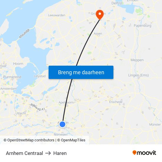 Arnhem Centraal to Haren map