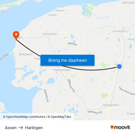 Assen to Harlingen map