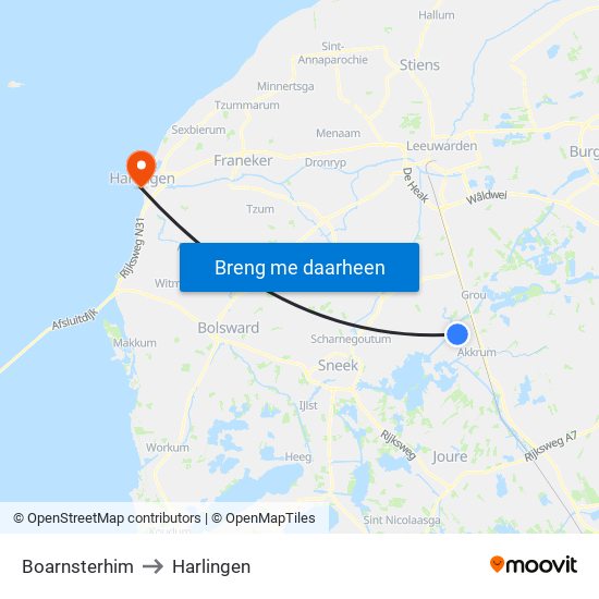 Boarnsterhim to Harlingen map