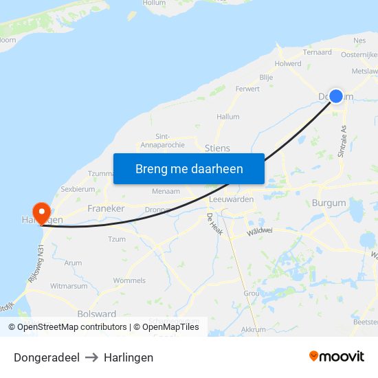 Dongeradeel to Harlingen map