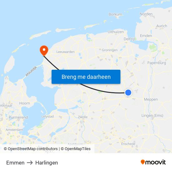 Emmen to Harlingen map