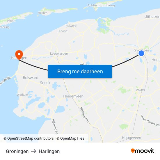Groningen to Harlingen map