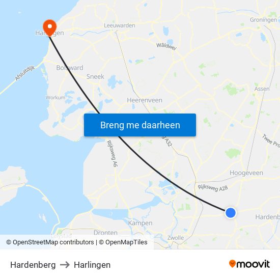 Hardenberg to Harlingen map