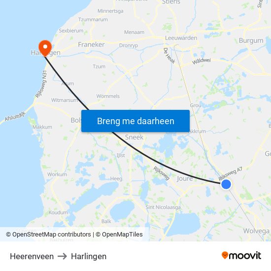 Heerenveen to Harlingen map