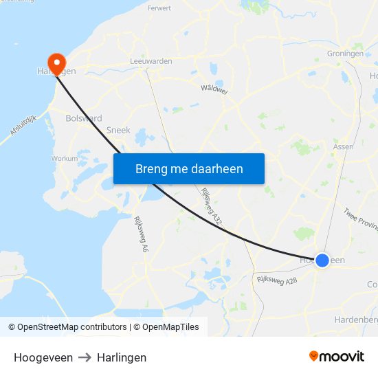 Hoogeveen to Harlingen map