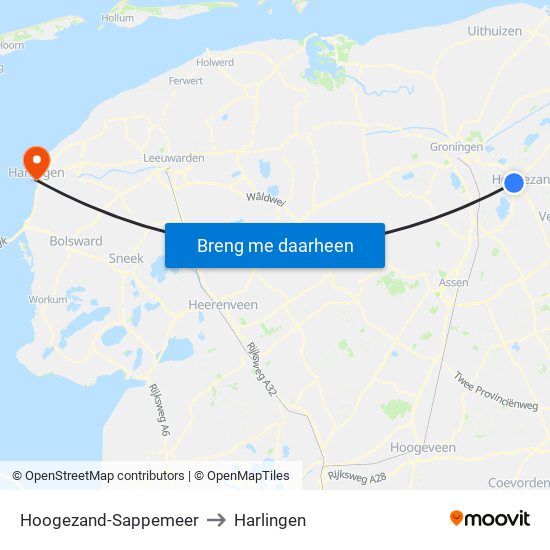 Hoogezand-Sappemeer to Harlingen map