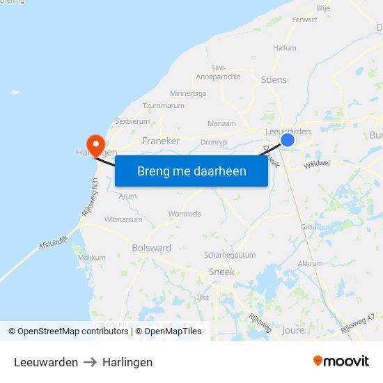 Leeuwarden to Harlingen map
