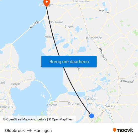 Oldebroek to Harlingen map