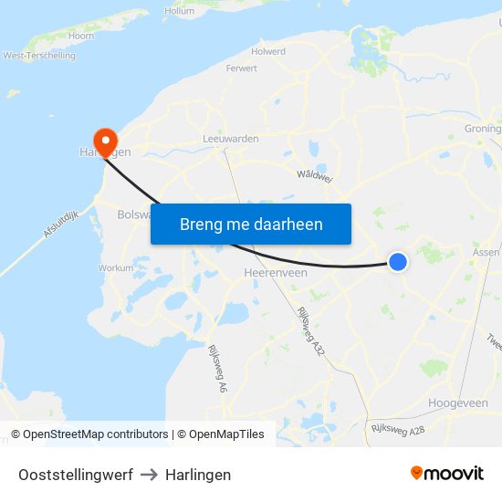 Ooststellingwerf to Harlingen map