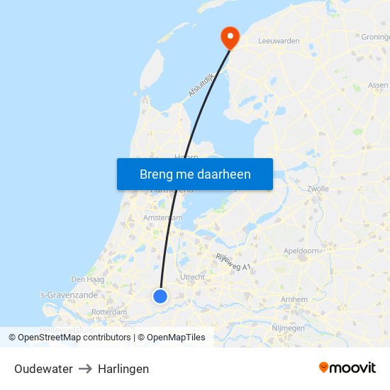 Oudewater to Harlingen map