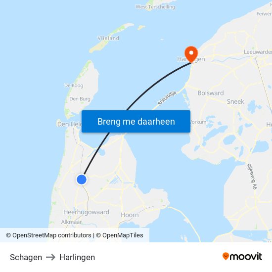 Schagen to Harlingen map