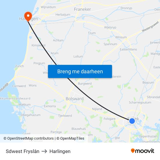 Sdwest Fryslân to Harlingen map