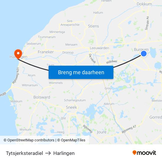 Tytsjerksteradiel to Harlingen map