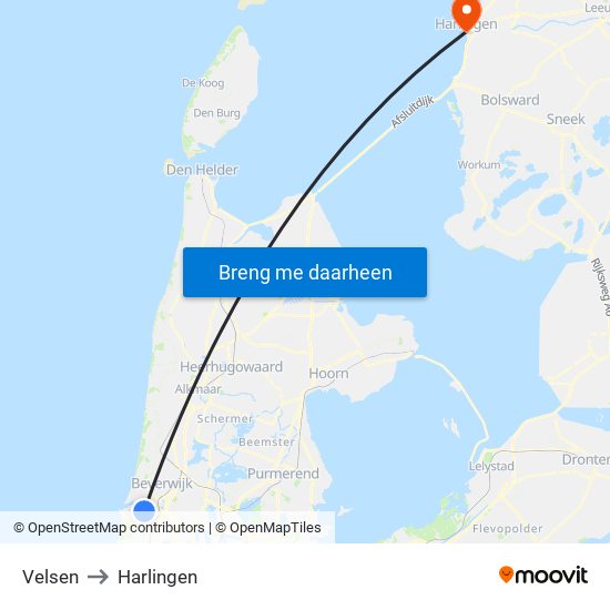 Velsen to Harlingen map