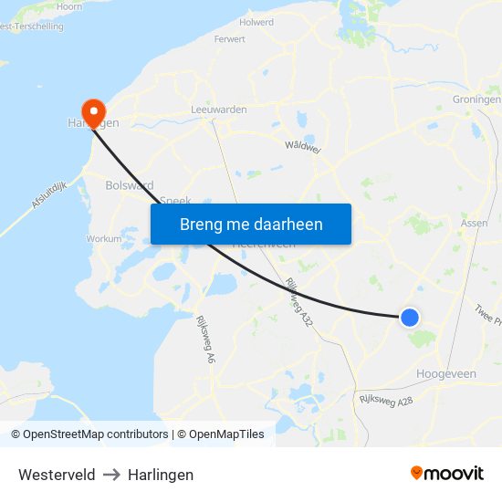 Westerveld to Harlingen map