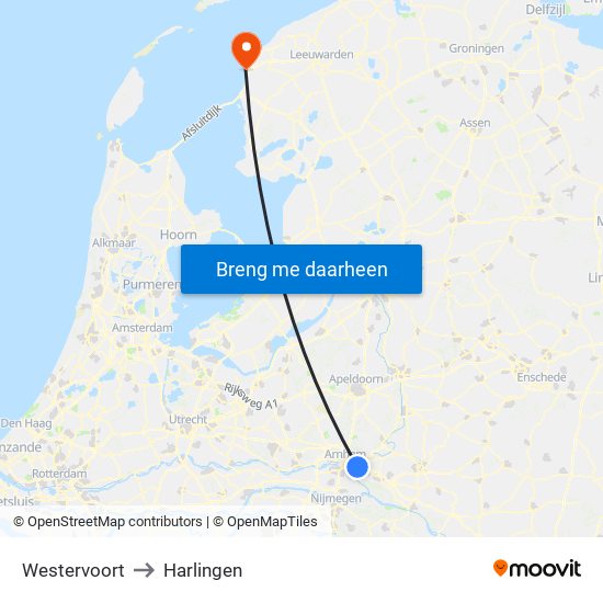 Westervoort to Harlingen map