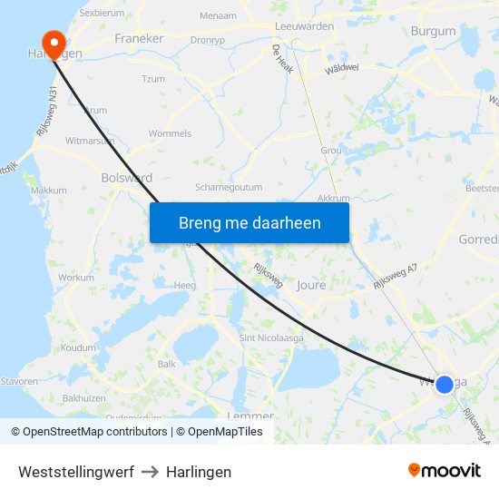 Weststellingwerf to Harlingen map