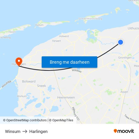 Winsum to Harlingen map