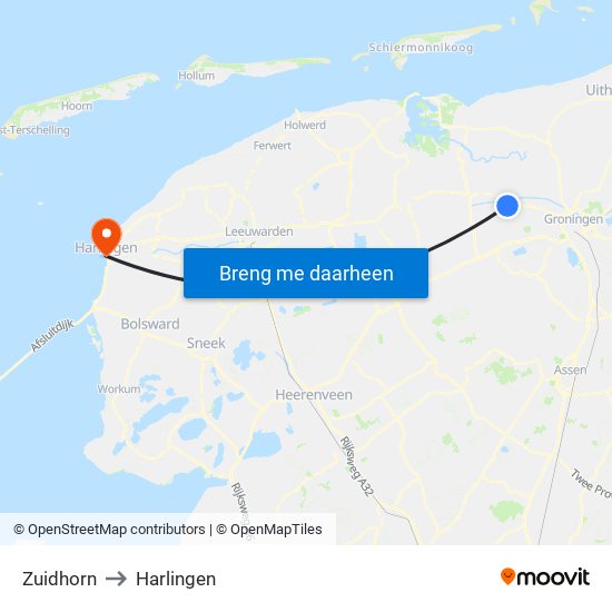 Zuidhorn to Harlingen map