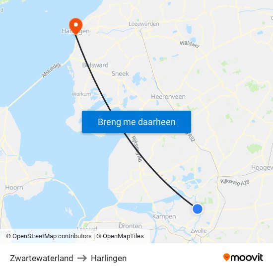 Zwartewaterland to Harlingen map
