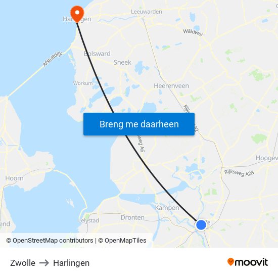 Zwolle to Harlingen map