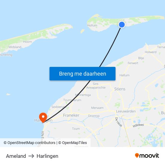 Ameland to Harlingen map