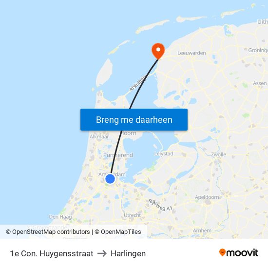 1e Con. Huygensstraat to Harlingen map