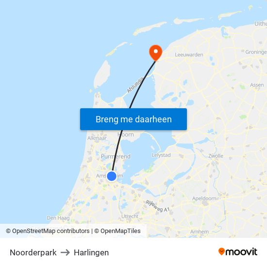 Noorderpark to Harlingen map