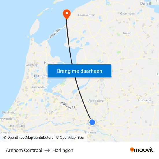 Arnhem Centraal to Harlingen map