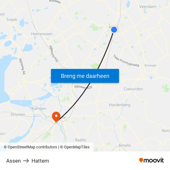 Assen to Hattem map