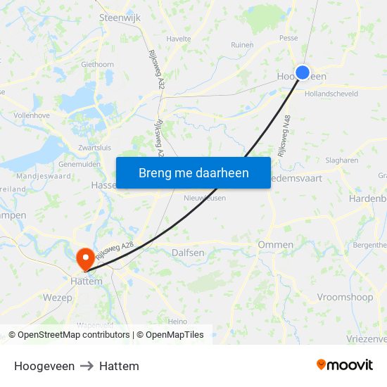 Hoogeveen to Hattem map