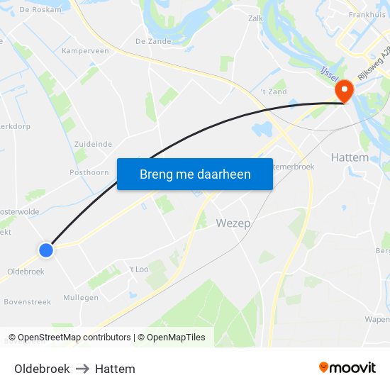 Oldebroek to Hattem map