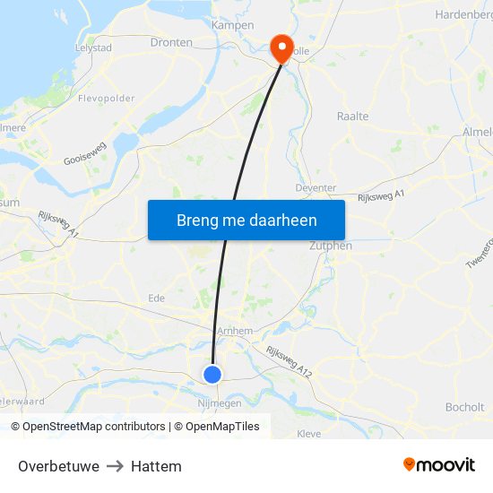 Overbetuwe to Hattem map