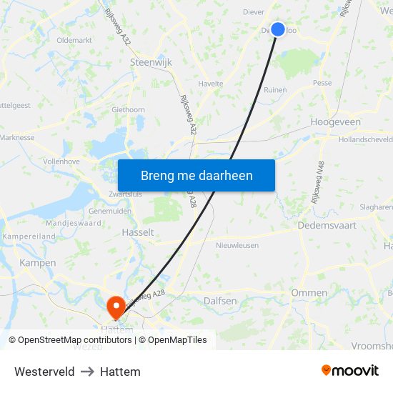 Westerveld to Hattem map