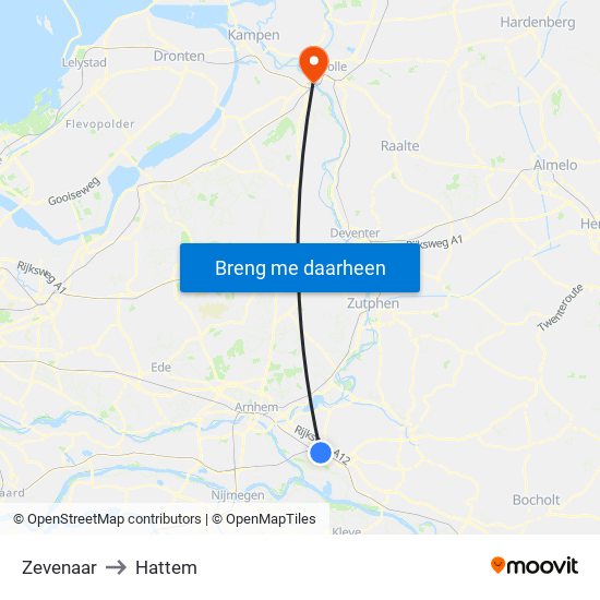 Zevenaar to Hattem map