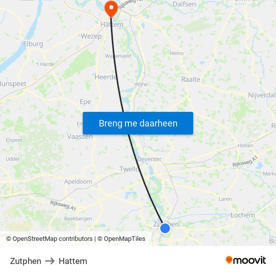 Zutphen to Hattem map