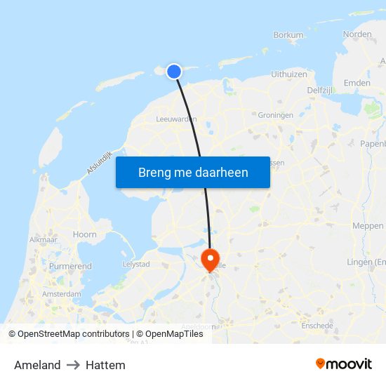 Ameland to Hattem map