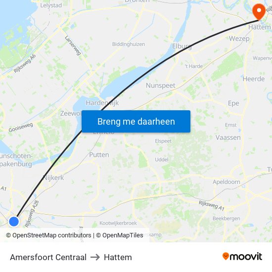 Amersfoort Centraal to Hattem map