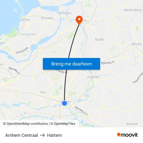 Arnhem Centraal to Hattem map