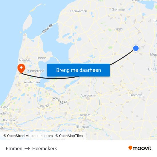 Emmen to Heemskerk map